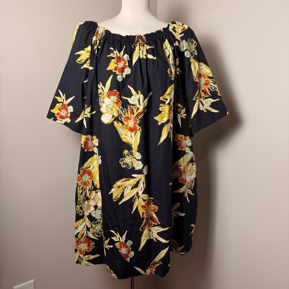 FREE PEOPLE Jodie Tropical Print Kimono Sleeve Mini Dress BLACK / LARGE - Picture 2 of 14